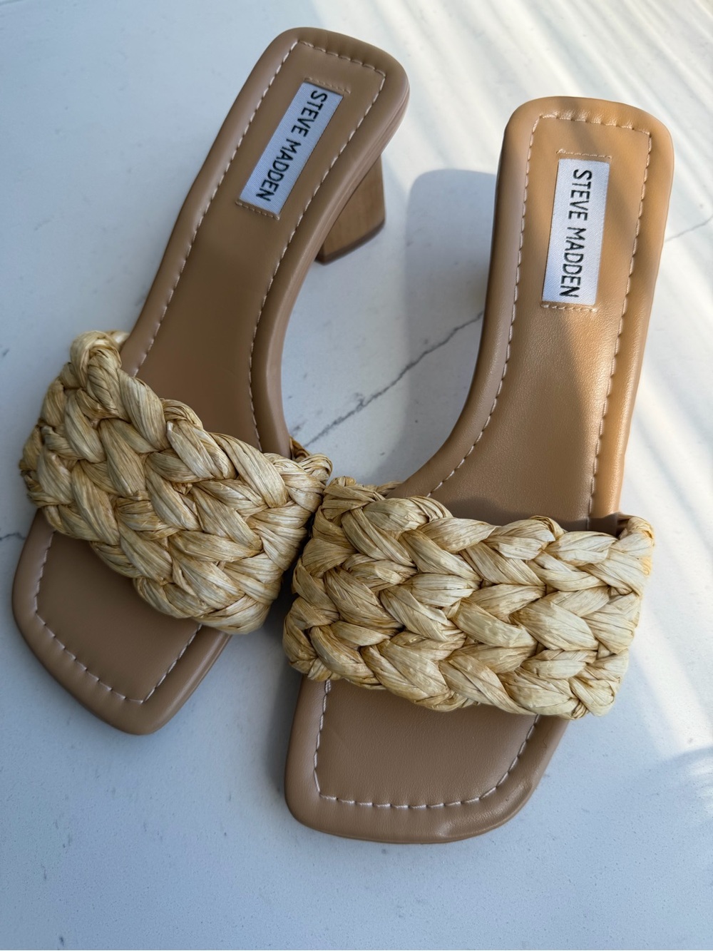 Steve Madden Tan Braided Raffia Block Heel Slides